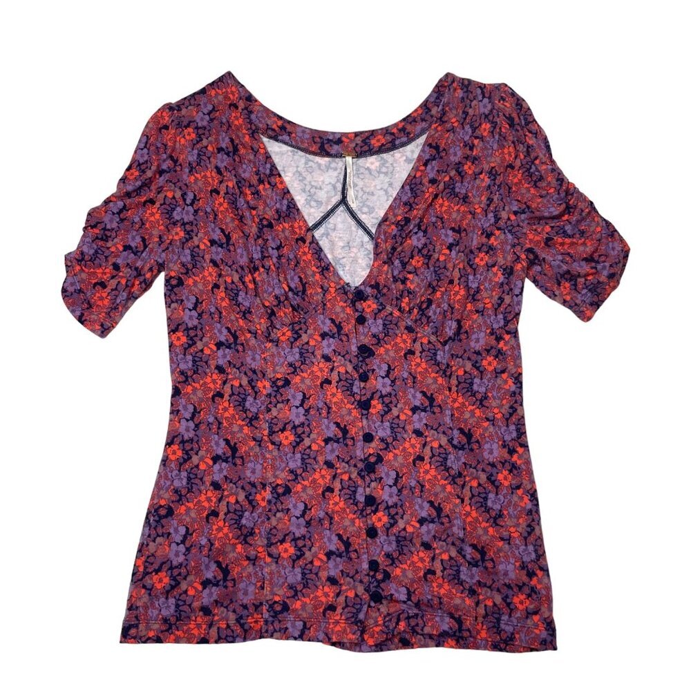 Free People Women’s Medium Red Purple Floral V-Neck Stretch Knit Top Blouse